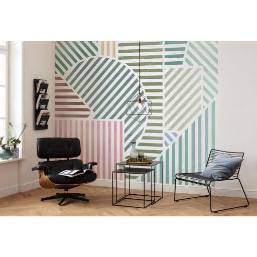 Határtalan játék a vonalakkal! Kissé absztrakt változatos elrendezésű installáció fehér zöld rózsaszín és sokszínű tónus falpanel