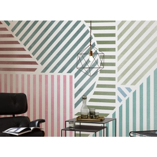 Határtalan játék a vonalakkal! Kissé absztrakt változatos elrendezésű installáció fehér zöld rózsaszín és sokszínű tónus falpanel