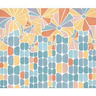   Geometriai formába rendezett stilzált pasztell szirmok és levelek kék sárga narancs rózsaszín és fehér tónus falpanel