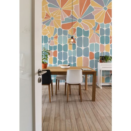 Geometriai formába rendezett stilzált pasztell szirmok és levelek kék sárga narancs rózsaszín és fehér tónus falpanel