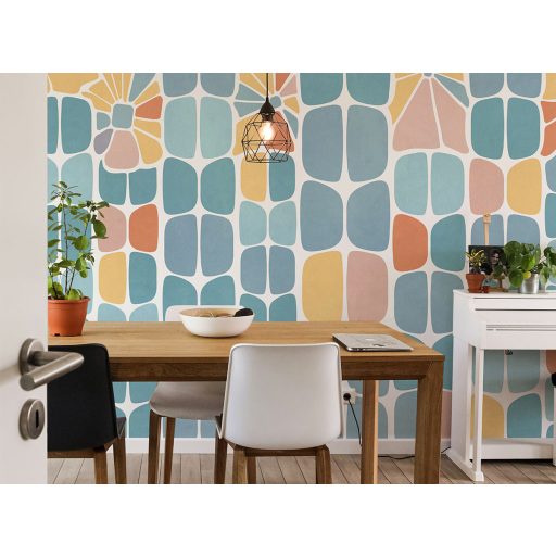 Geometriai formába rendezett stilzált pasztell szirmok és levelek kék sárga narancs rózsaszín és fehér tónus falpanel