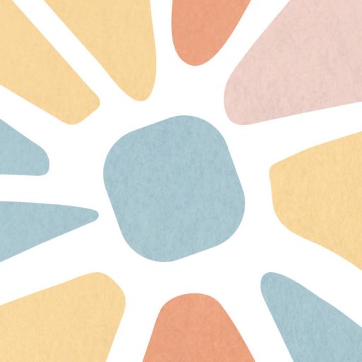 Geometriai formába rendezett stilzált pasztell szirmok és levelek kék sárga narancs rózsaszín és fehér tónus falpanel