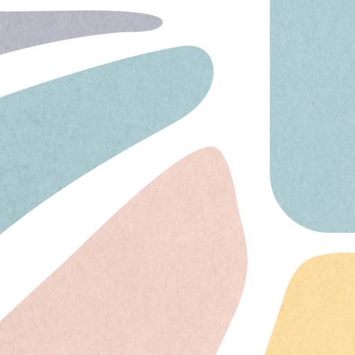 Geometriai formába rendezett stilzált pasztell szirmok és levelek kék sárga narancs rózsaszín és fehér tónus falpanel