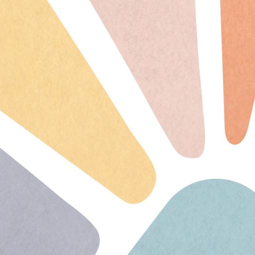 Geometriai formába rendezett stilzált pasztell szirmok és levelek kék sárga narancs rózsaszín és fehér tónus falpanel