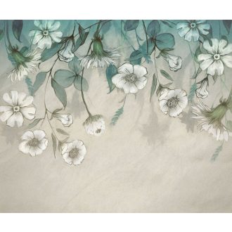   Finoman megrajzolt lefelé hajló virágok és levelek dekormintája bézs zöldeskék zöld és fehér tónus falpanel