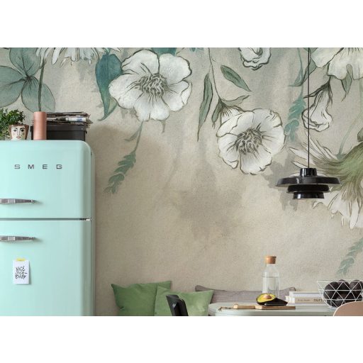Finoman megrajzolt lefelé hajló virágok és levelek dekormintája bézs zöldeskék zöld és fehér tónus falpanel