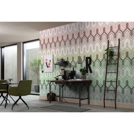 Geometrikus cikk-cakkokból álló modern stilizált minta rózsaszín bézs szürke zöld és barna tónus falpanel