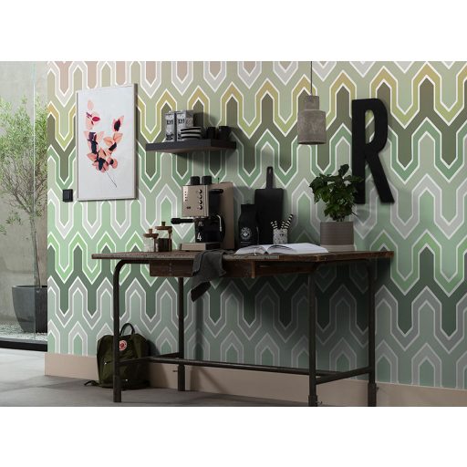 Geometrikus cikk-cakkokból álló modern stilizált minta rózsaszín bézs szürke zöld és barna tónus falpanel