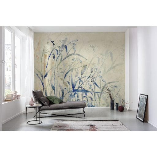 Akvarell stílusban festett mezei növények és virágok lágy vonalakkal bézs kék zöld és világosbarna tónus falpanel