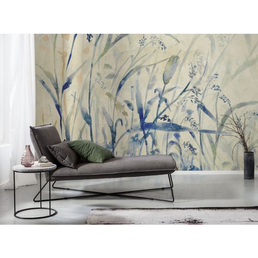 Akvarell stílusban festett mezei növények és virágok lágy vonalakkal bézs kék zöld és világosbarna tónus falpanel