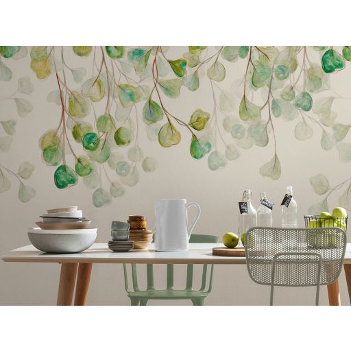 Lehajló zöld levelekből álló akvarell levélzuhatag kompozíció bézs zöld sárgászöld és barna tónus falpanel