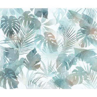   Akvarell hatású egymásba olvadó trópusi levélmintázat fehér és pasztell zöld vízkék szürkészöld tónus falpanel
