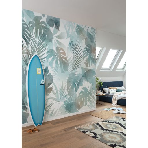 Akvarell hatású egymásba olvadó trópusi levélmintázat fehér és pasztell zöld vízkék szürkészöld tónus falpanel