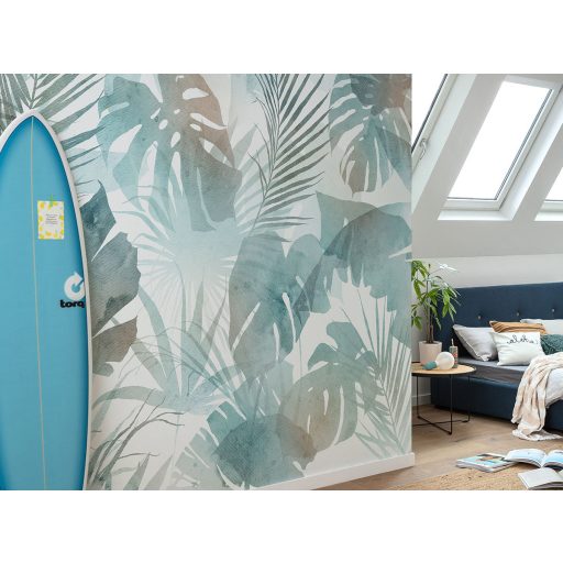 Akvarell hatású egymásba olvadó trópusi levélmintázat fehér és pasztell zöld vízkék szürkészöld tónus falpanel