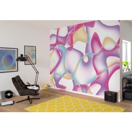 Folyékony organikus formák álomszerű absztrakt mintája fehér pink irizáló lila pasztell türkiz és halvány arany tónus falpanel