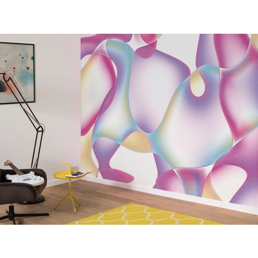Folyékony organikus formák álomszerű absztrakt mintája fehér pink irizáló lila pasztell türkiz és halvány arany tónus falpanel