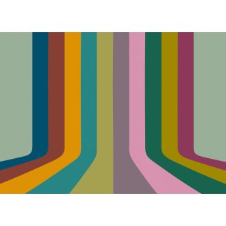   Alul görbülő párhuzamos színsávokból álló retro hangulatú vintage design mélykék terrakotta okkersárga és sokszínű tónus falpanel