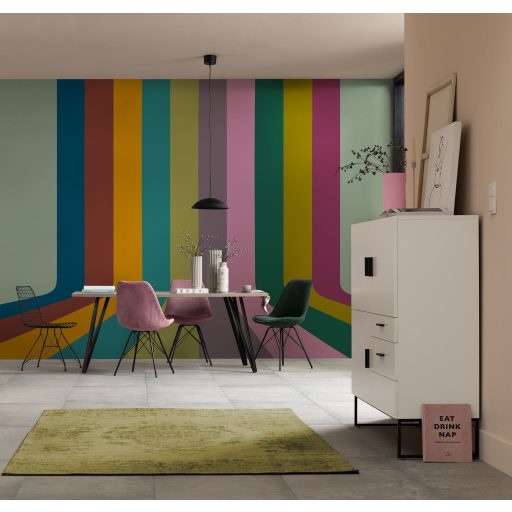 Alul görbülő párhuzamos színsávokból álló retro hangulatú vintage design mélykék terrakotta okkersárga és sokszínű tónus falpanel