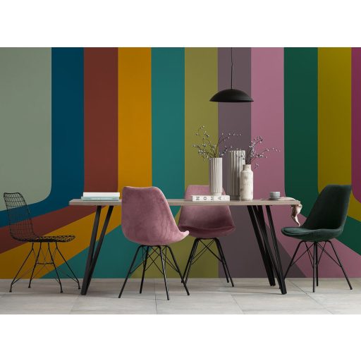 Alul görbülő párhuzamos színsávokból álló retro hangulatú vintage design mélykék terrakotta okkersárga és sokszínű tónus falpanel