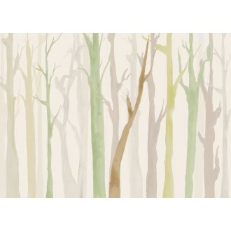   Áttetsző akvarell festésű ködös és misztikus erdei táj krémfehér halvány zöld bézs és világosszürke tónus falpanel