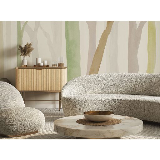 Áttetsző akvarell festésű ködös és misztikus erdei táj krémfehér halvány zöld bézs és világosszürke tónus falpanel