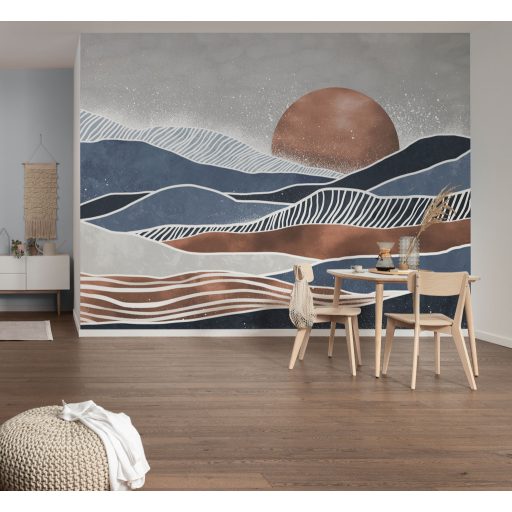 Természeti formák - hegyvonulat vagy hullámzó tenger - absztrakt minta mélykék szürkéskék terrakotta réz szürke és fehér tónus falpanel