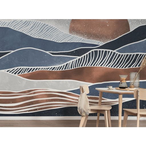 Természeti formák - hegyvonulat vagy hullámzó tenger - absztrakt minta mélykék szürkéskék terrakotta réz szürke és fehér tónus falpanel