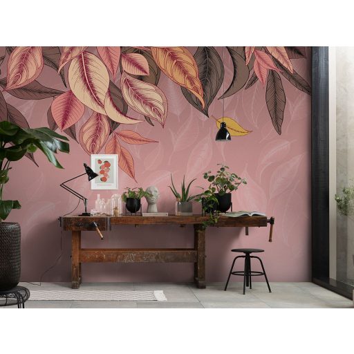 Légies romantikus hangulatú részletesen kidolgozott realisztikus levélmotívum rózsaszín puder korall és sokszínű tónus falpanel