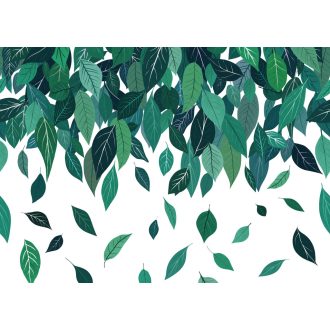   Természeti ihletésű felülről lefelé hulló dinamikus levélkompozíció fehér erdőzöld smaragdzöld pasztell zöld és türkiz tónus falpanel