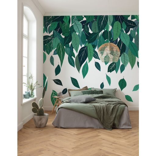 Természeti ihletésű felülről lefelé hulló dinamikus levélkompozíció fehér erdőzöld smaragdzöld pasztell zöld és türkiz tónus falpanel