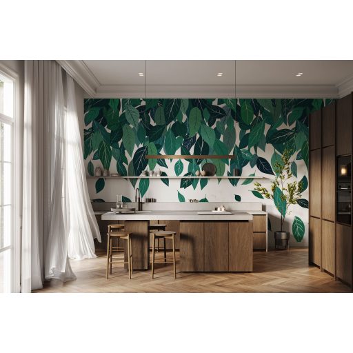 Természeti ihletésű felülről lefelé hulló dinamikus levélkompozíció fehér erdőzöld smaragdzöld pasztell zöld és türkiz tónus falpanel