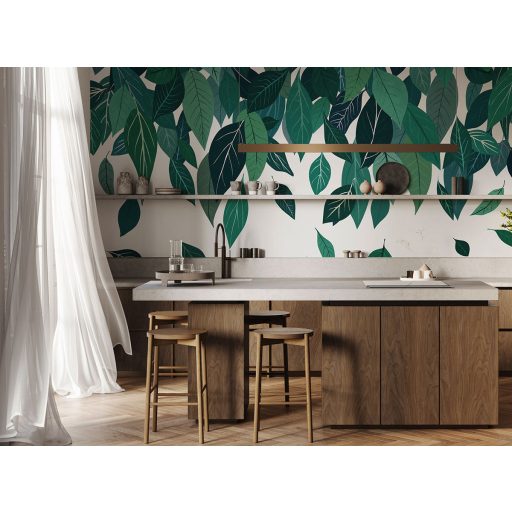 Természeti ihletésű felülről lefelé hulló dinamikus levélkompozíció fehér erdőzöld smaragdzöld pasztell zöld és türkiz tónus falpanel