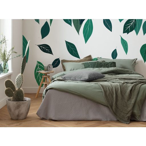 Természeti ihletésű felülről lefelé hulló dinamikus levélkompozíció fehér erdőzöld smaragdzöld pasztell zöld és türkiz tónus falpanel