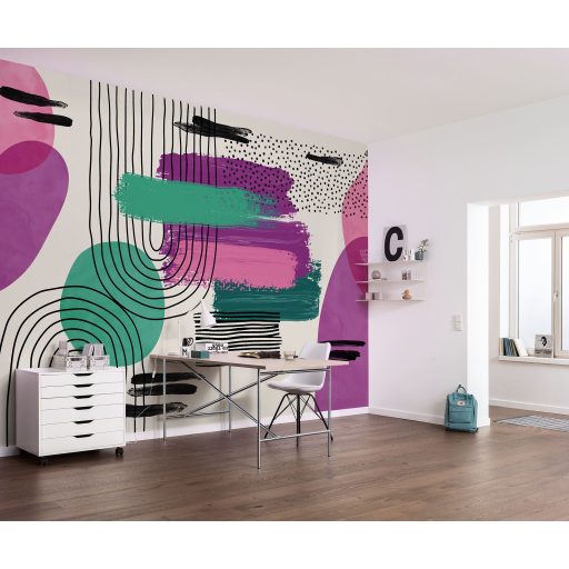 Ultramodern művészeti alkotás grafikai formák és ecsetvonások mintája krémfehér menta türkiz pink lila és fekete tónus falpanel