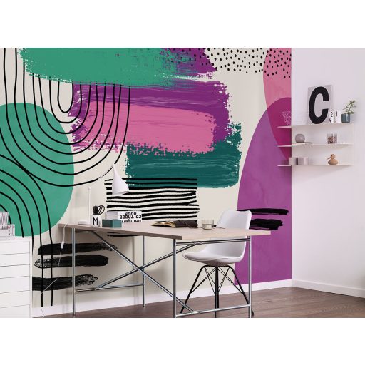 Ultramodern művészeti alkotás grafikai formák és ecsetvonások mintája krémfehér menta türkiz pink lila és fekete tónus falpanel