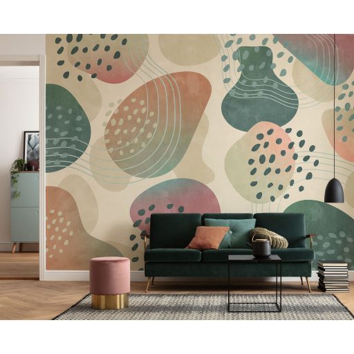 Lágy organikus formákból (amőba) építkező organikus absztrakt design bézs/homok zöld korall rózsaszín és türkiz tónus falpanel