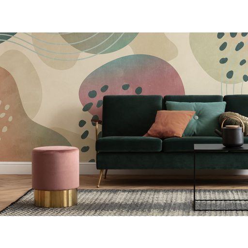 Lágy organikus formákból (amőba) építkező organikus absztrakt design bézs/homok zöld korall rózsaszín és türkiz tónus falpanel