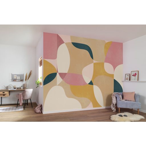 Organikus geometriai formák egymást átfedő absztrakt mintája krémfehér homok rózsaszín mályva okker és petrol tónus falpanel