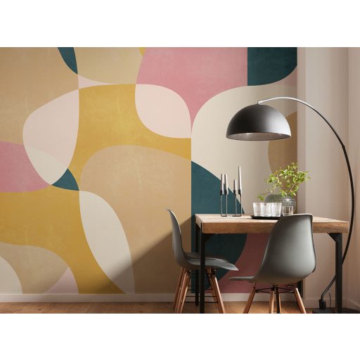 Organikus geometriai formák egymást átfedő absztrakt mintája krémfehér homok rózsaszín mályva okker és petrol tónus falpanel