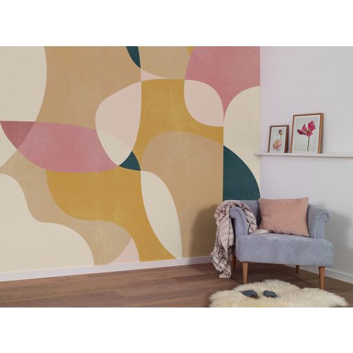 Organikus geometriai formák egymást átfedő absztrakt mintája krémfehér homok rózsaszín mályva okker és petrol tónus falpanel