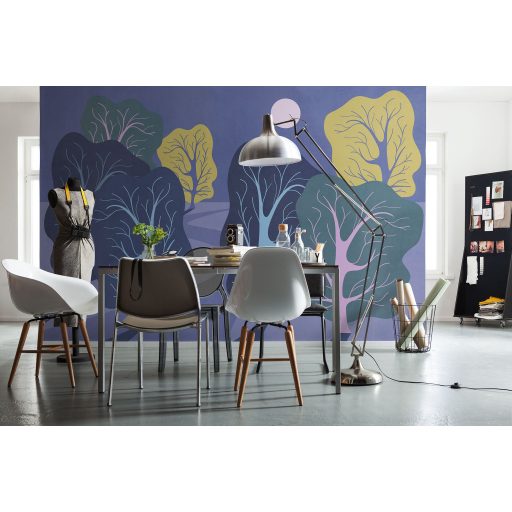 Álomszerű modern tájkép stilizált fákkal és holdfénnyel lila kék sárga zöld és rózsaszín tónus falpanel