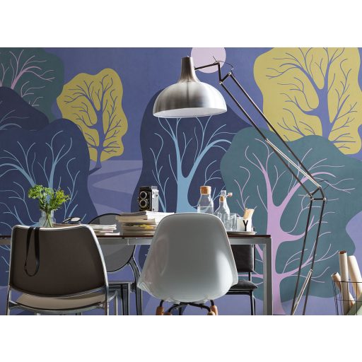 Álomszerű modern tájkép stilizált fákkal és holdfénnyel lila kék sárga zöld és rózsaszín tónus falpanel