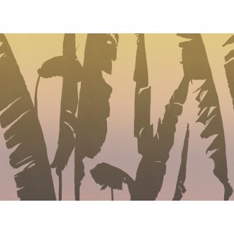   Modern és egzotikus óriás banánlevelek sziluettje naplementében meleg sárga bézs barna és rózsaszínes barna tónus falpanel