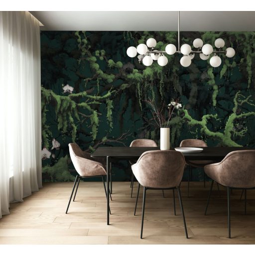 Varázslatos buja dzsungelhangulat elegáns fehér orchideákkal mélyzöld mohazöld fehér szürke és fekete tónus falpanel
