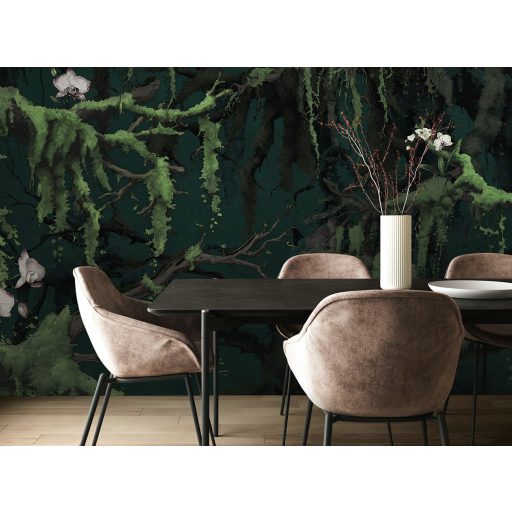 Varázslatos buja dzsungelhangulat elegáns fehér orchideákkal mélyzöld mohazöld fehér szürke és fekete tónus falpanel