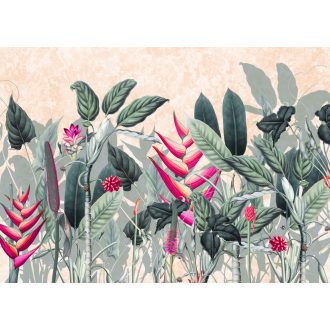   Trópusi hangulatú modern egzotikus növényi kompozíció halvány barack zöld ezüstös szürkészöld és élénk pink tónus falpanel