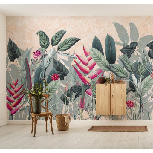 Trópusi hangulatú modern egzotikus növényi kompozíció halvány barack zöld ezüstös szürkészöld és élénk pink tónus falpanel