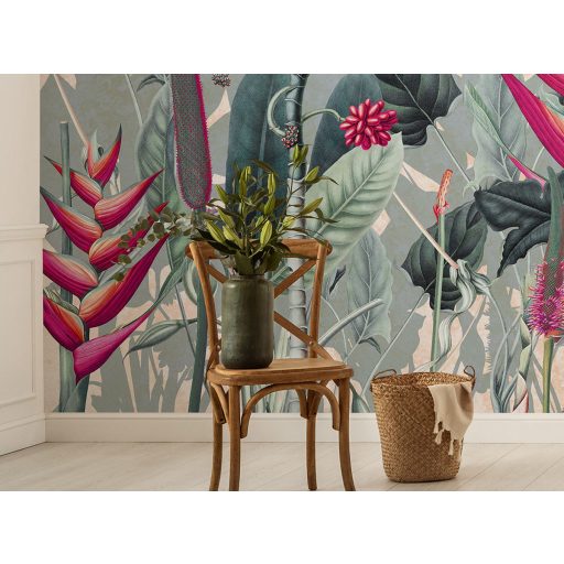 Trópusi hangulatú modern egzotikus növényi kompozíció halvány barack zöld ezüstös szürkészöld és élénk pink tónus falpanel