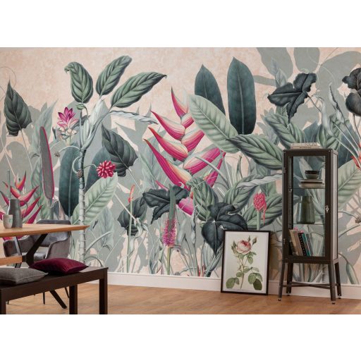 Trópusi hangulatú modern egzotikus növényi kompozíció halvány barack zöld ezüstös szürkészöld és élénk pink tónus falpanel