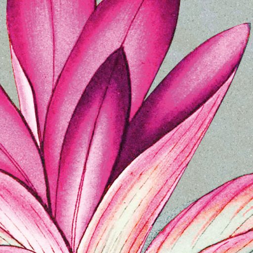 Trópusi hangulatú modern egzotikus növényi kompozíció halvány barack zöld ezüstös szürkészöld és élénk pink tónus falpanel